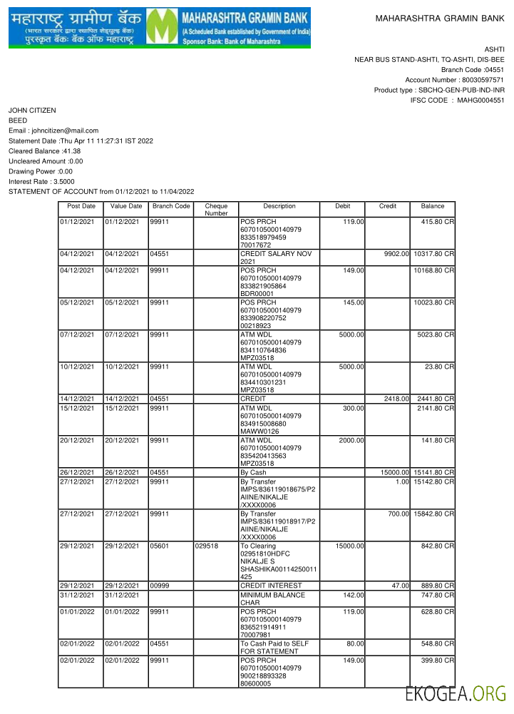Modèle de relevé bancaire Inde Maharashtra, format Word et PDF, 2 pages